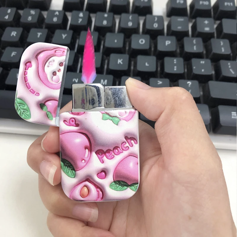 

Windproof Visible red Pink flame Cigar Lighter Cute Fruits Refillable Fuel lighter Metal Butane Gas high value for girlfriend
