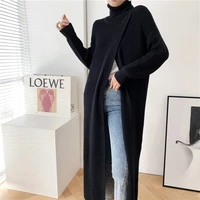 korean chic knitting women sweater loose turtleneck x long tops female pullovers new fashion fall winter 2021 oversized black