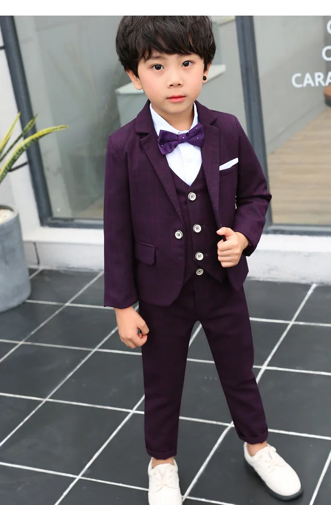 Flower Boys Blazer+Vest+Pants+Bowtie 4Pcs Set  Children Formal Purple Dress Suit Kids Wedding Party Performance Ceremony Costume