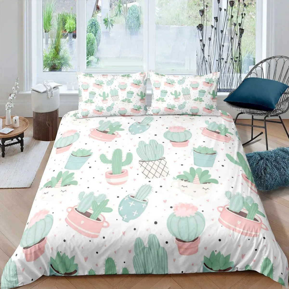 

Bedding Set Watercolor Painting Stylish Nature Theme Twin Quilt Cover Succulents Duvet Cover Set Green Plant Tropical Botanical