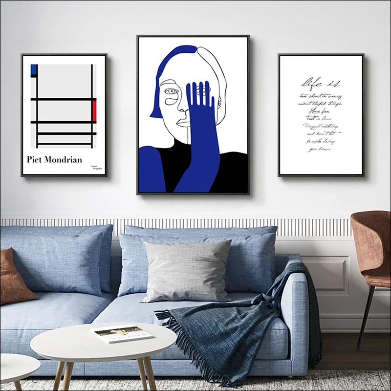 

Abstract Line Aesthetics, Modern Minimalist Letter Rhine Blue Nordic Style Poster, Modern Figure Painting, Print Mural Bedroom P