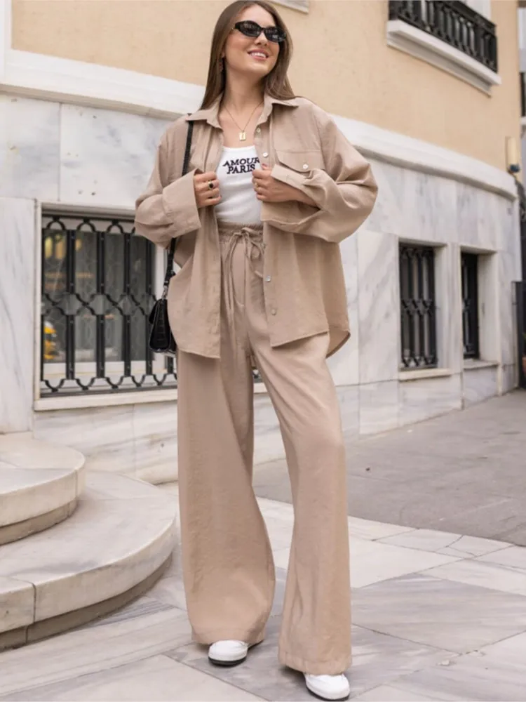 Комплект из двух предметов женский однотонный рубашка с длинным рукавом и брюки