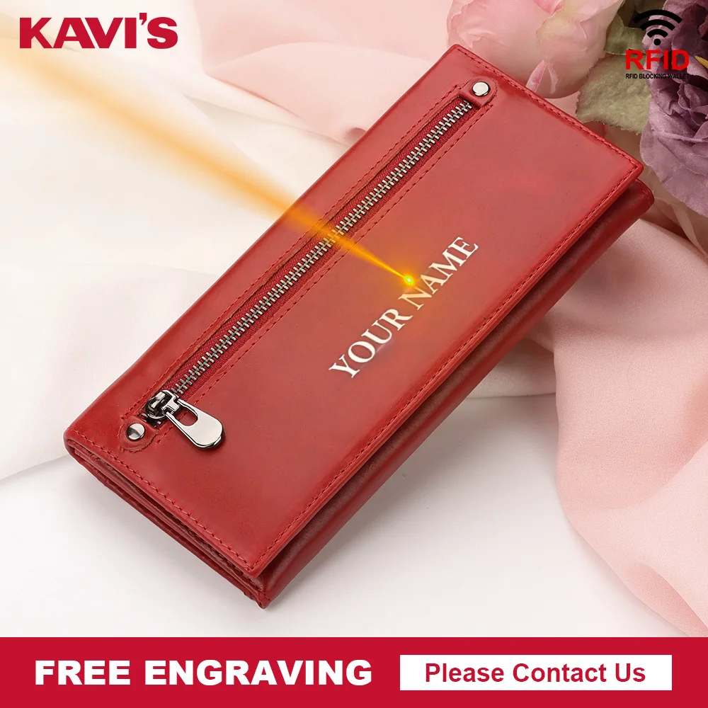 

KAVIS Free Engraving Cowhide Leather Women Female Wallet Fashion Lady Coin Purse Portomonee Clamp For Money Bag Zipper Perses