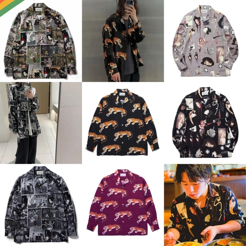 

Мужская гавайская рубашка WACKO, рубашка с длинным рукавом и принтом в виде Марии и тигра, уличная Высококачественная футболка для пар, 2023