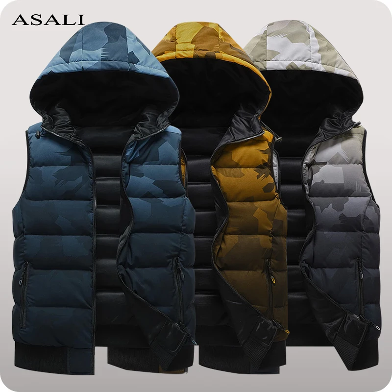 

2022 Men's Sleeveless Vest Jackets Autumn Winter Mens Fashion Cotton-Padded Vest Coats Men Hooded Double-sided Wear Warm Clothes