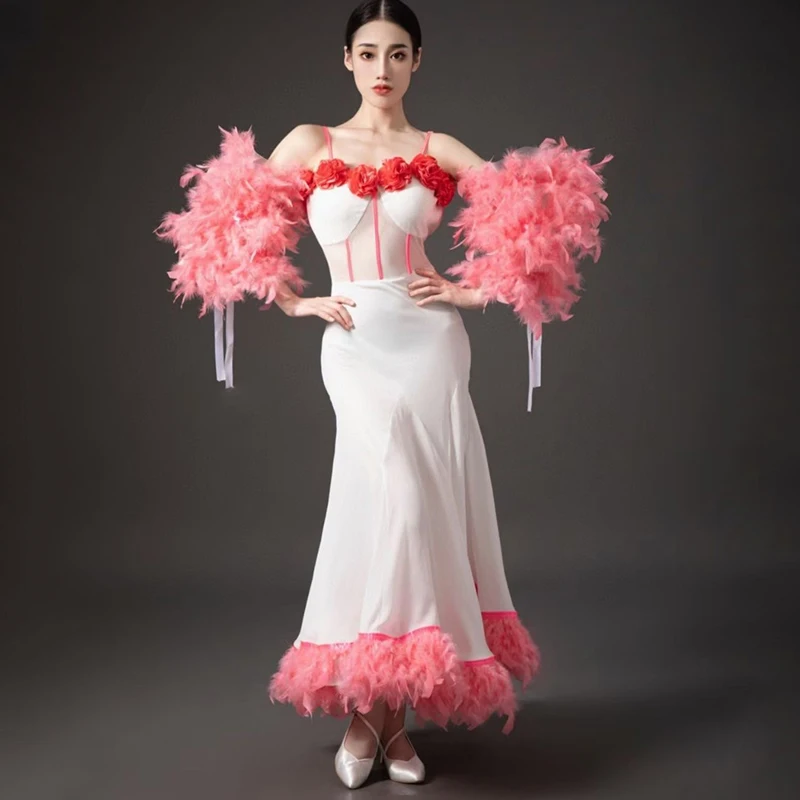Женское платье для современных танцев юбка-качели с перьями вальса и бальных