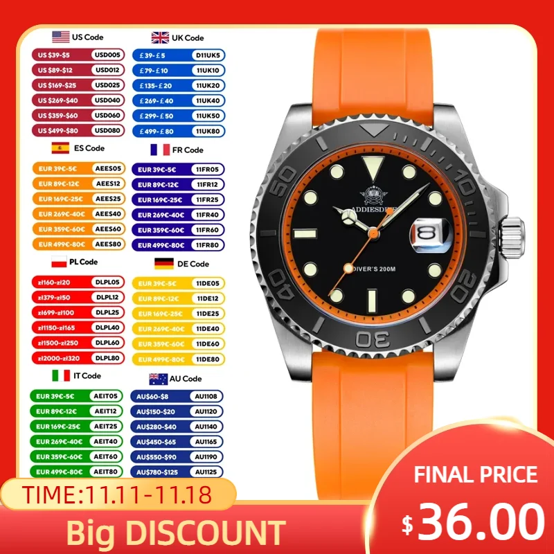 ADDIESDIVE AD2040 Лидер продаж часы Мужские кварцевые календарь дисплей светящийся 200 м