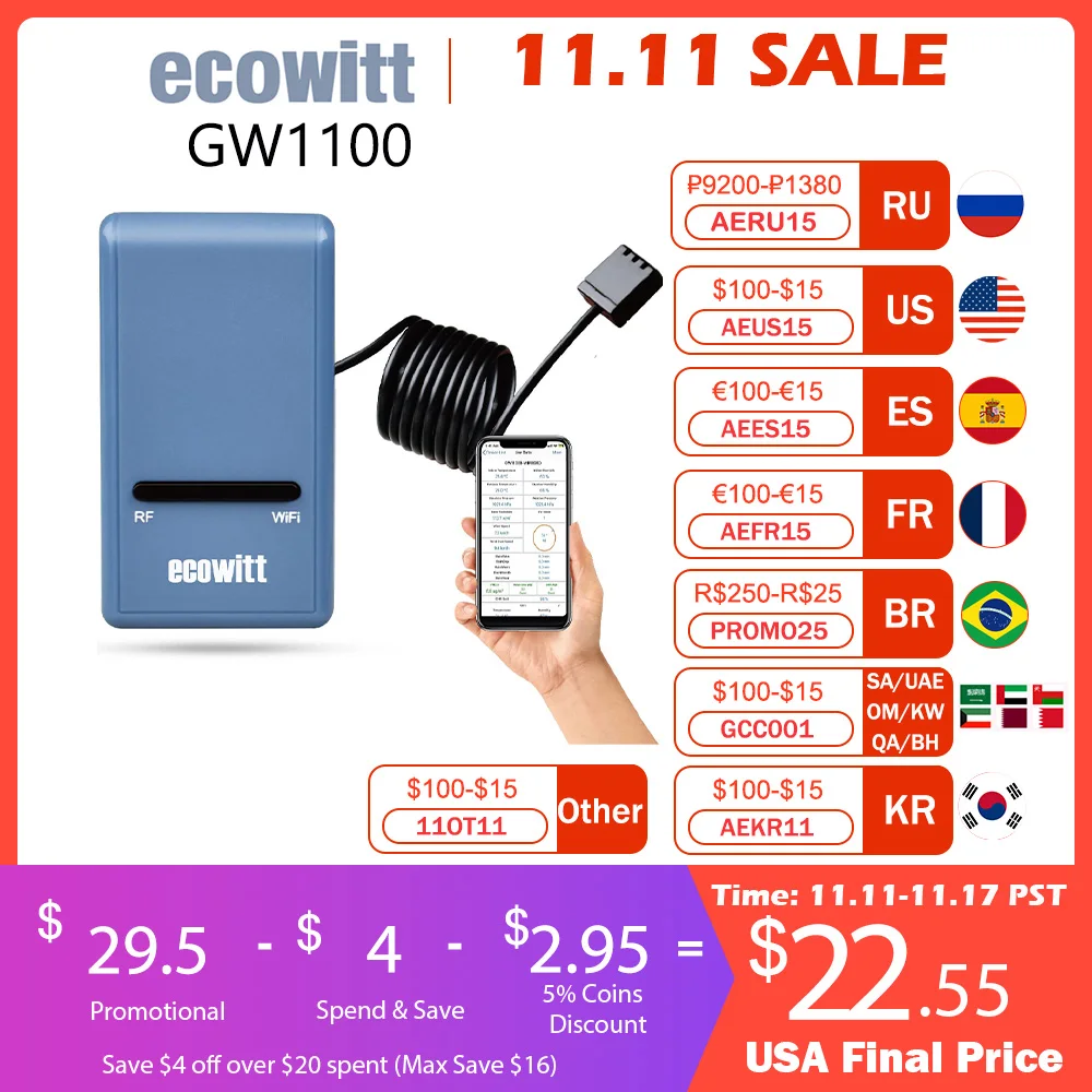 Ecowitt GW1100 Wi-Fi Weather Station Sensor Gateway with