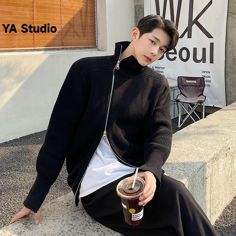 

[YA Studio] Autumn Winter Personalized Korean Version Turtleneck Side Zipper Knit Sweater Men Cardigan Jacket Cuff Zipper