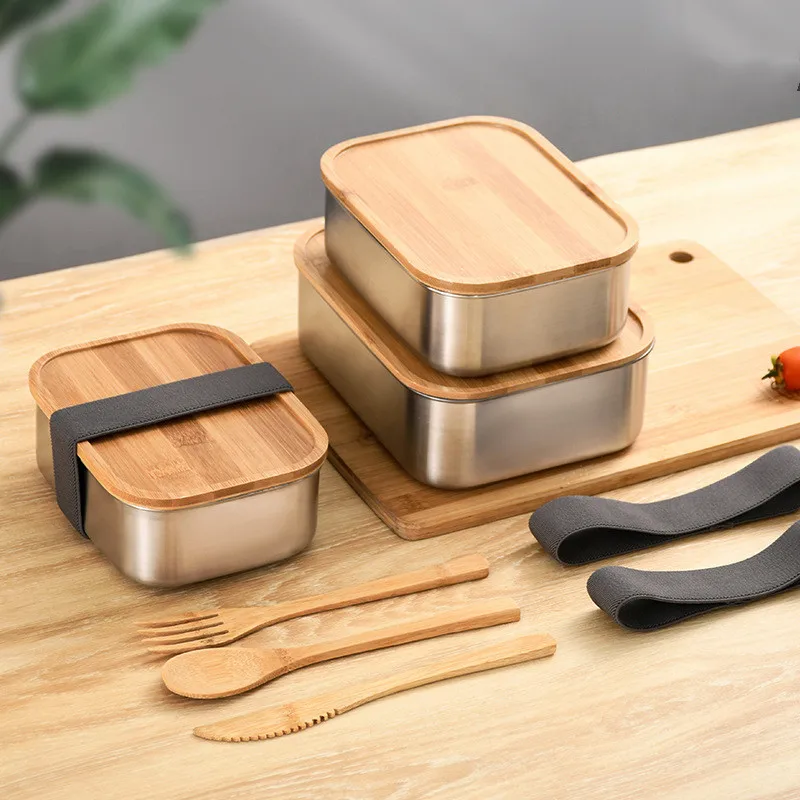 

304 Stainless Steel Bamboo Wooden Cover Lunch Box Food Grade Sushi Box Division Office Lunch Lunch Container Containers