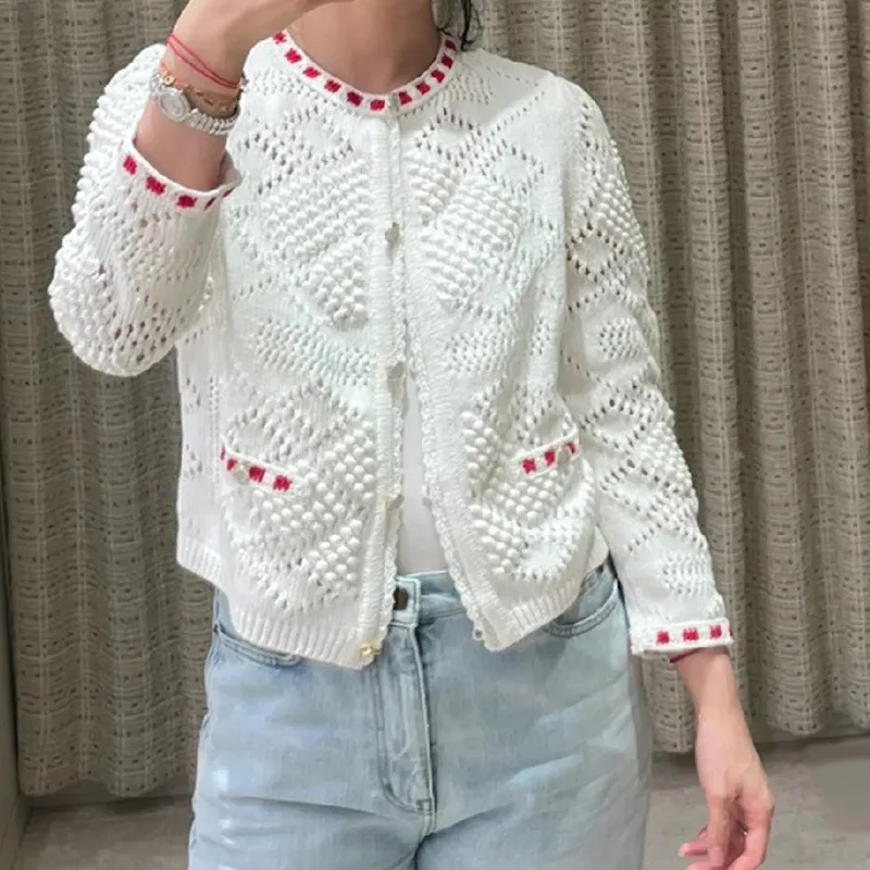 

2023 Spring Loose Hollow Out Knitting Cardigan Vintage Single Breasted V-neck Long Sleeve Sweater Holiday Casual Women Clothes