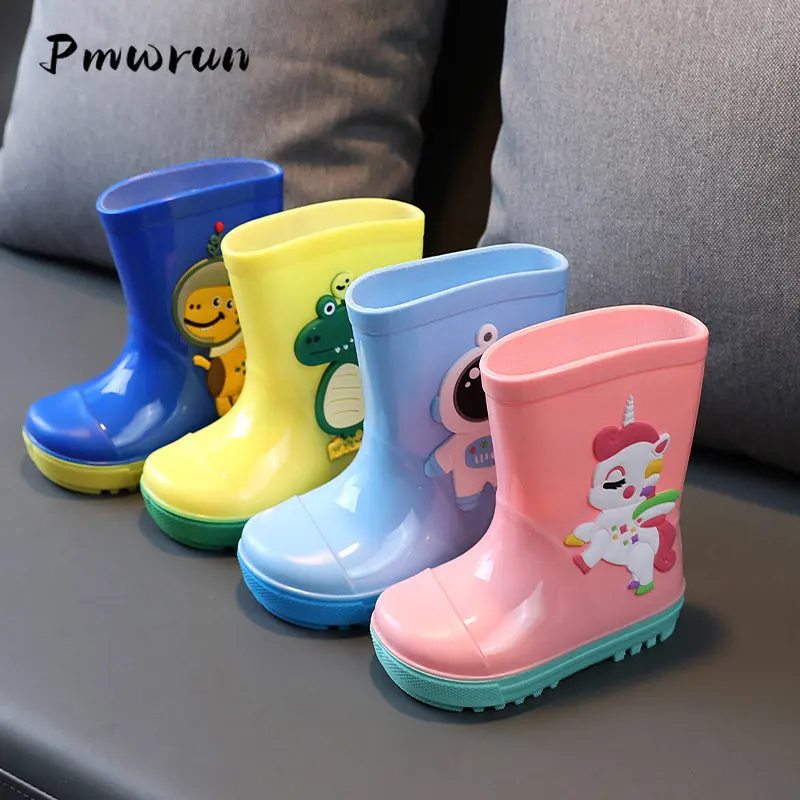 Kids Girl Rain Boots Winter Cute 3D Rainboots Children's Boys Boots Plush Warm Ankle PVC Waterproof Outdoor Rain Water Shoes New