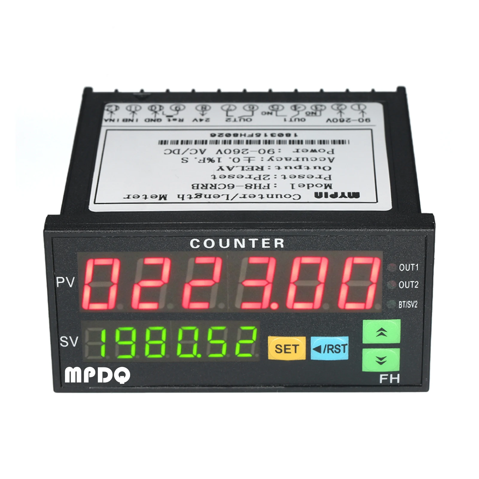 

Dual Display Digital Counter 6 Digits FH8-6CRRB Light-emitting Diode 90~265V AC/DC Length Meter with 2 Relay Output and Pulse