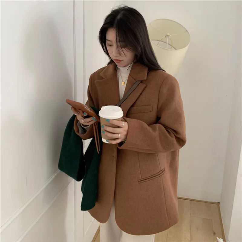 

Women's Winter Blazer, Wool Coat, Quilted Coats, Loose Single Button, Short Woolen Overcoat, Female Outerwear, Korean Style