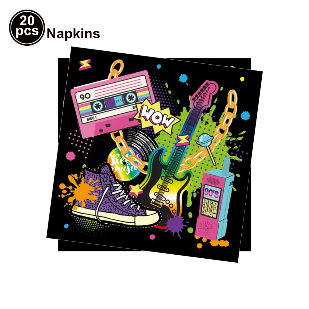 

I Love 90s Paper Napkins with Guitar Gold Chain Phone Shoes Radio Boombox Pattern Back To the 90s Birthday Party Supplies