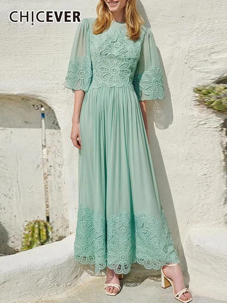 

CHICEVER Elegant Patchwork Lace Dress For Women O Neck Short Sleeve High Waist Solid Pleated Midi Dresses Female Spring Clothes