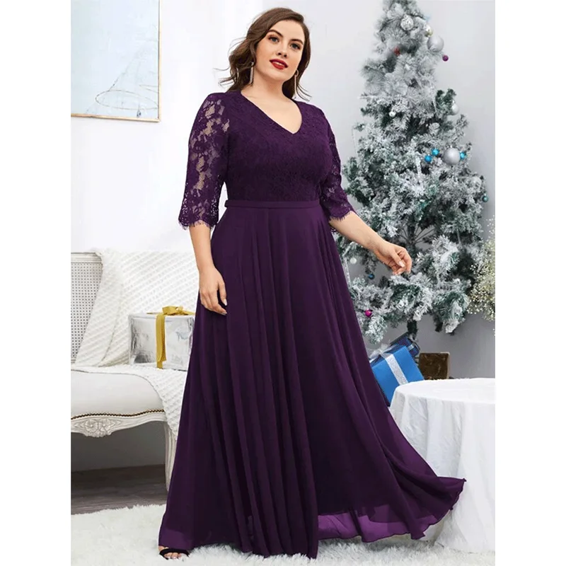 

Plus Size Purple Lace Chiffon Maxi Dress 2023 Elegant 3/4 Sleeve V-Neck Hollow Lace Purple Big Size Party Dresses Women
