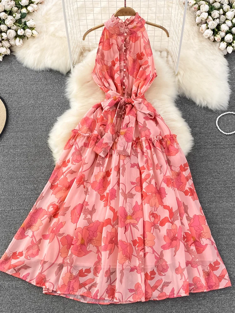 

Summer Bohemian Women Floral Halter Long Dress Female Vacation Beach Sleeveless High Waist A-Line Single Breasted Maxi Vestidos