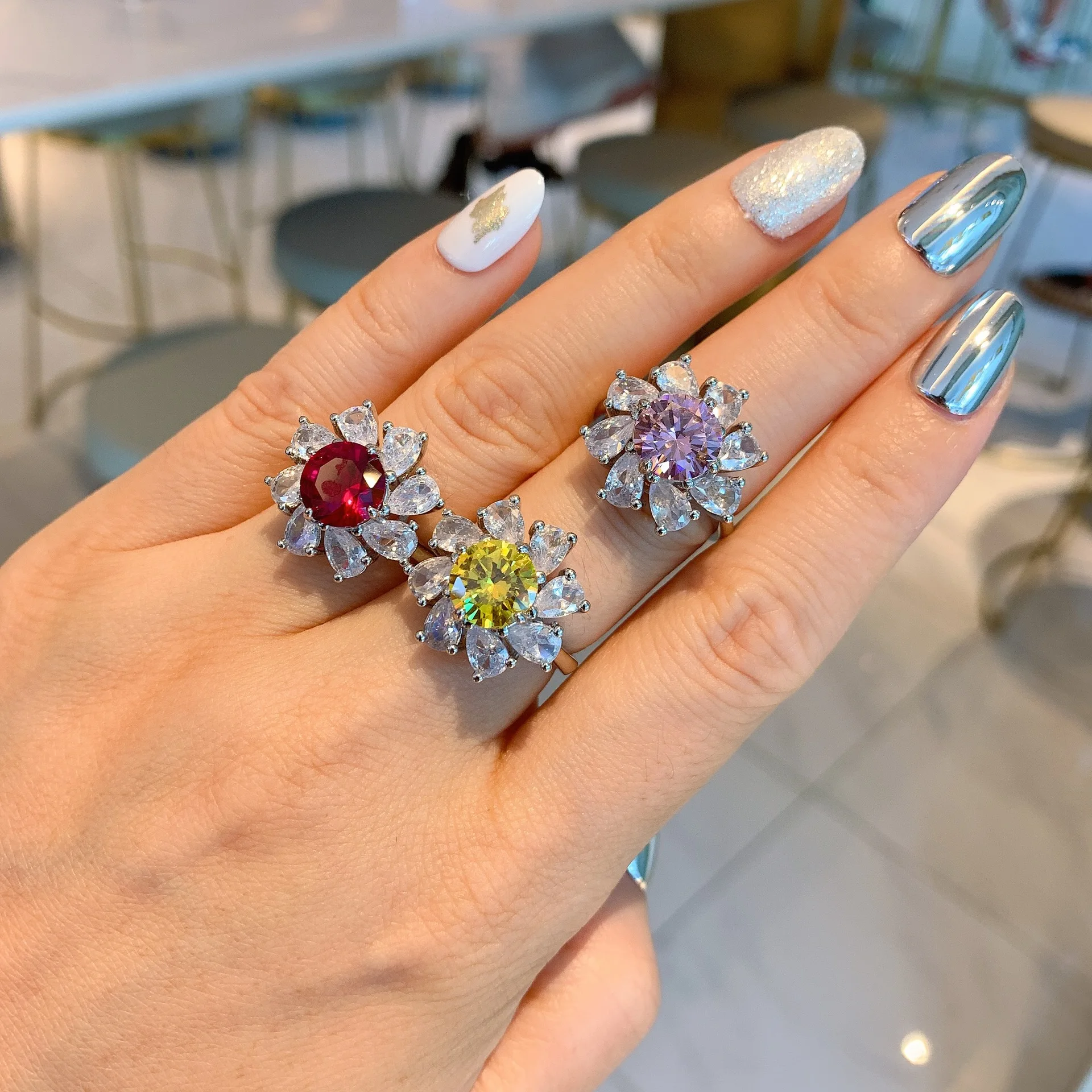 

Pink High Carbon Diamond Water Droplets Flower Adjustable Ring Girls Exquisite Luxurious Jewelry Korean Style Luxury Pretty