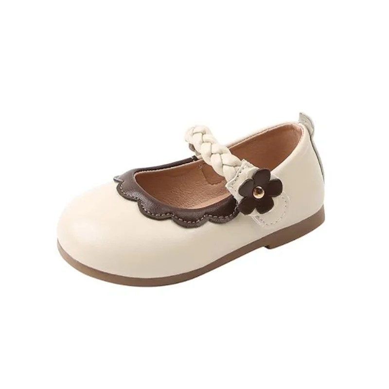 

Girls' black leather shoes 2022 autumn new flower woven fashion Flat shoes beige baby kids shoes pu soft sole prewalker brown