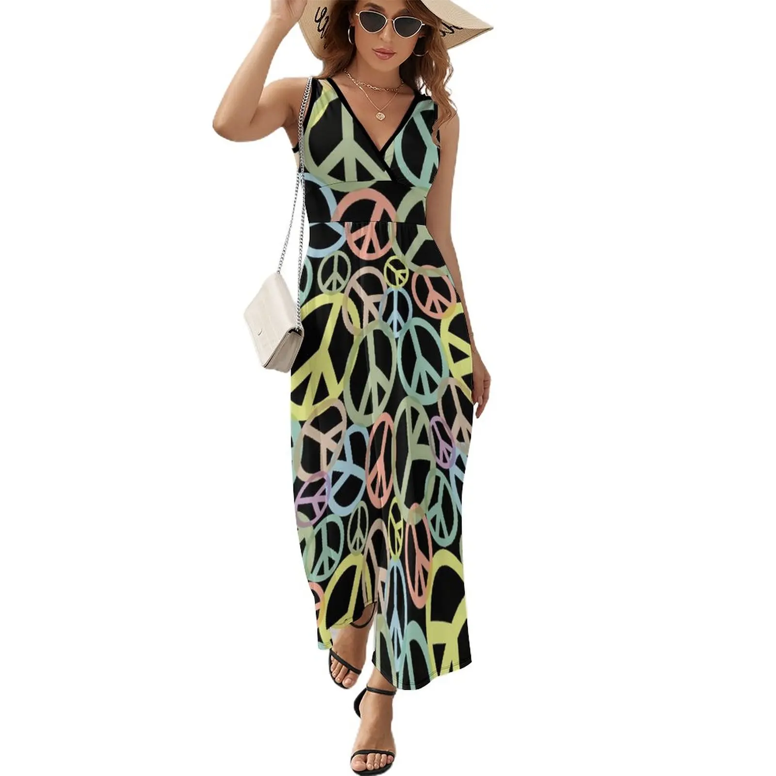 

Colorful Peace Dress Retro Sign Print Kawaii Maxi Dress V Neck Graphic Bohemia Long Dresses Streetwear Oversize Vestidos