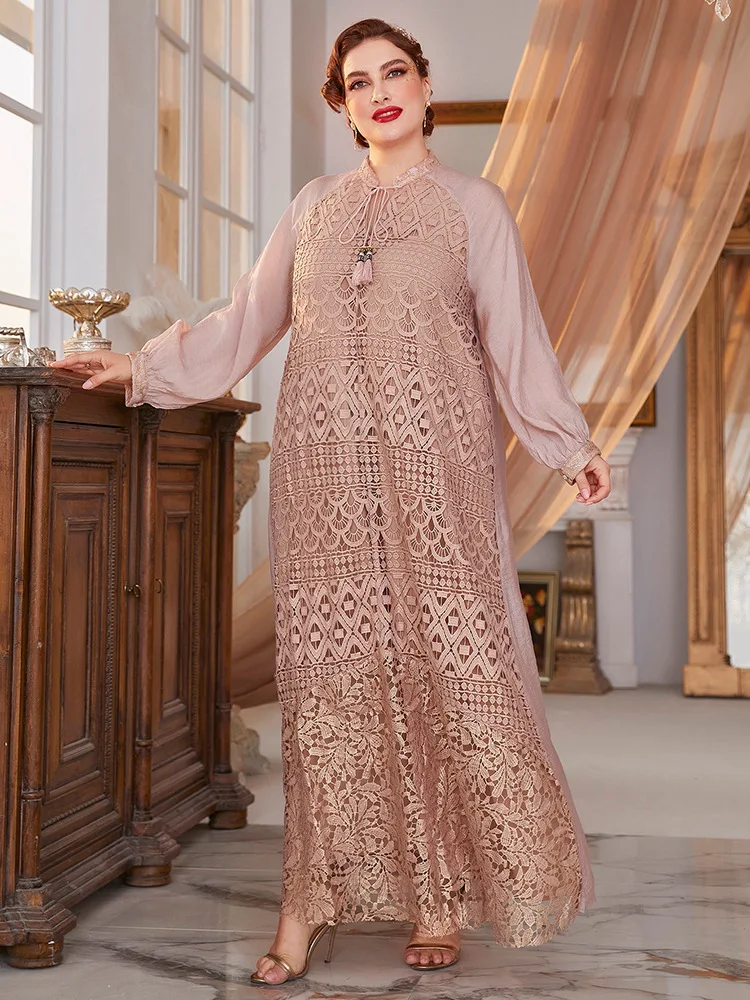 Large Size Muslim Long-sleeved Dress Stand Collar High Waist Hollow Out Temperament Elegant Tassel Style Commuting Spring Autumn