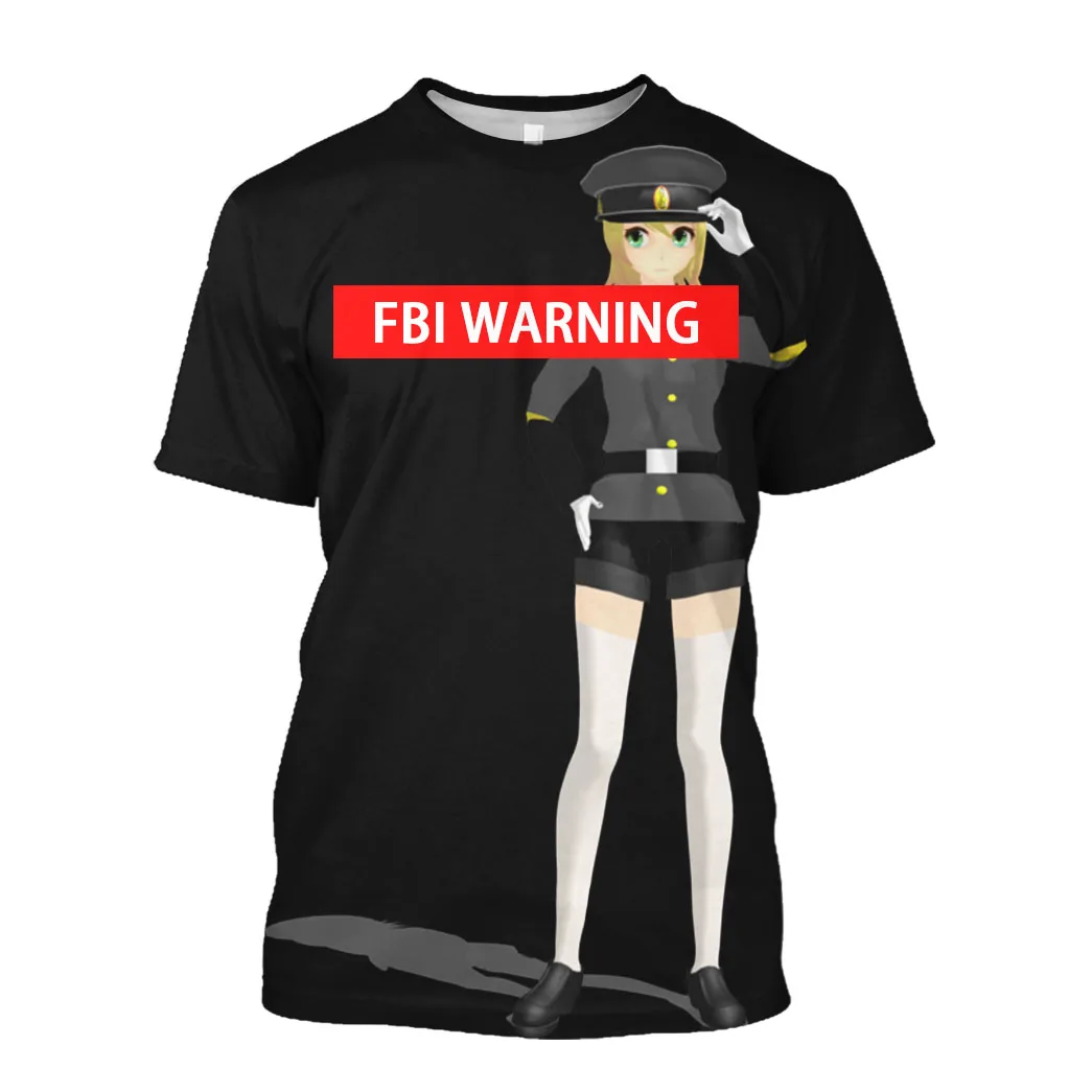 

Jumeast FBI WARNING 3D Graphic T Shirts Anime Guardia Civil Army Girl Printed T Shirty Mesh Baggy Cloth Short Jumpers Tops 7XL