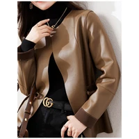 new sheepskin coat lady spring autumn womens short leather coat drawstring waist leather coat genuine leather suit collar