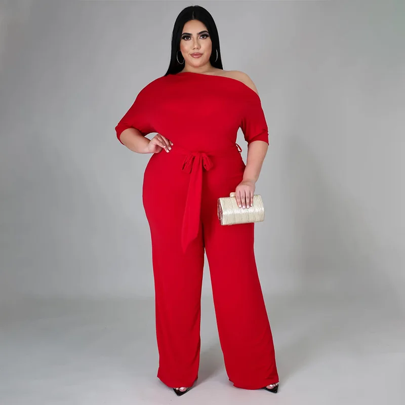 Plus Size Elegant Party Jumpsuit For Women Solid One Piece Outfit 2022 Fall Female Belt Jumpsuit Lady Designer Wide Leg Pants