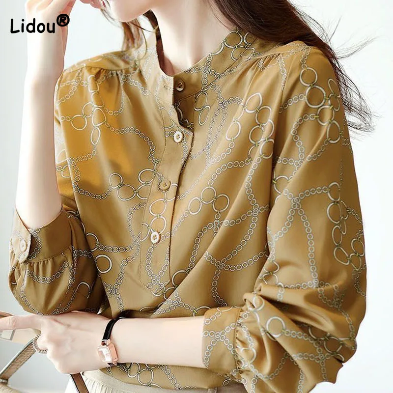 

Women's Long Sleeve Vintage Printed Blouse Spring Autumn Female Clothing Stylish Loose Button Stand Collar Pullovers Shirt