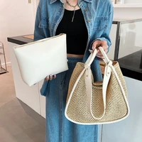 large capacity weaving tote bag for women summer trendy 2 pcsset luxury designer woven straw beach tote handbags multiple carry
