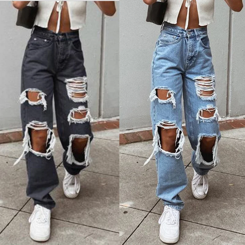 

Брюки женские рваные, Стрейчевые свободные прямые джинсы с вырезами, повседневные Прямые брюки из денима в стиле хип-хоп, Y2K