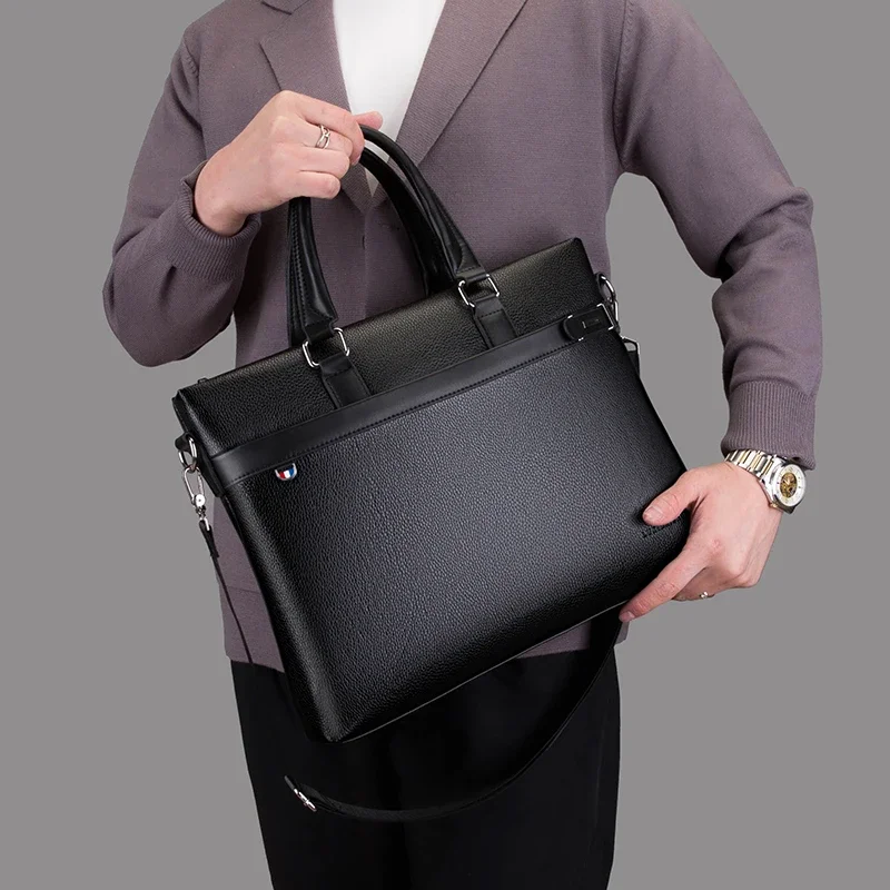 Деловая сумка большой вместимости мужская мягкая кожаная через плечо формата А4