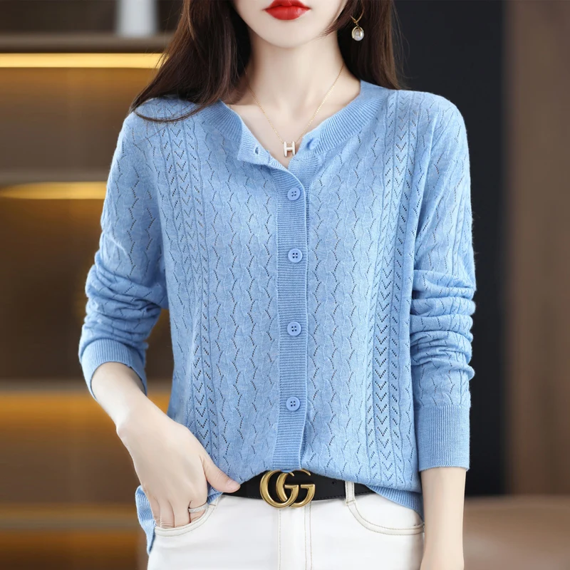 

100 Pure Wool Spring Thin Cardigan Women's 2023 New Hollow-out Sweater Fashion Jacket with Knitted Sweater