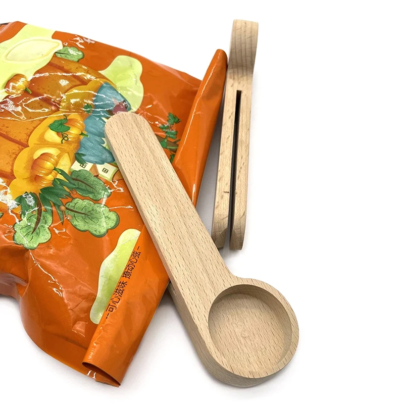 

Ground Coffee Spoon Sealing Clip Kitchen Sugar Spice Measure Scooper Wood Measuring Spoon Long Handle Wood Sealing Bag Clip