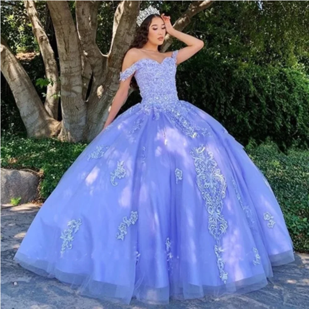 

Princess Ball Gown Quinceanera Dresses 2022 Off The Shoulder Sweetheart Lace Appliques Sequined Pageant Party Sweet 15 Dress