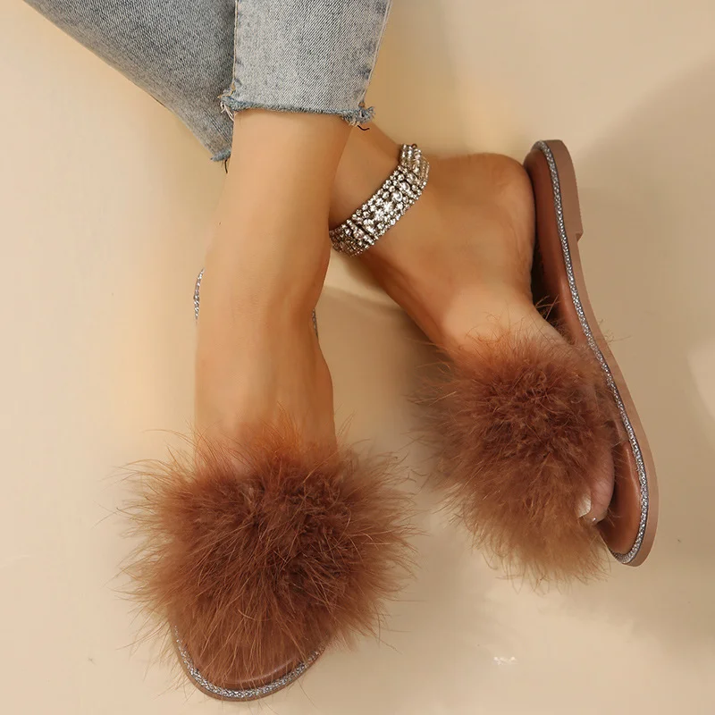 Women Cute Fluffy Decor Fashion Slides Glamorous Summer Leisure Flats One-strap Outdoor Wide Sandals Open Toe Beach Lovely Shoes
