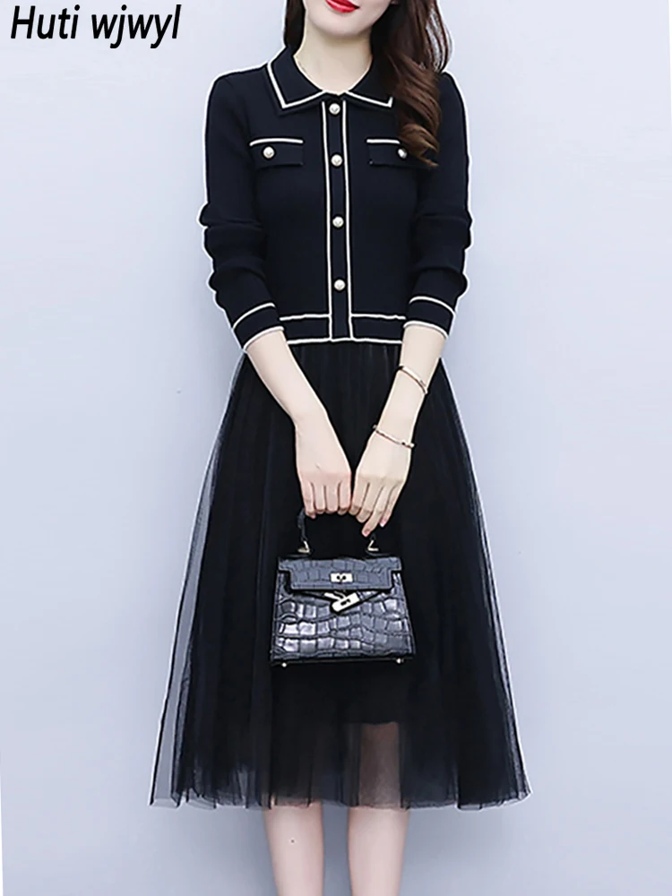 

Women Long Sleeve Casual Midi Dress Autumn Winter Black Knitted Patchwork Mesh Chic Dress 2023 Korean Vintage Party Night Dress