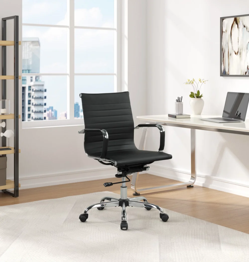Ribbed Back PU Leather Office Chair, Adjustable Height, Whit