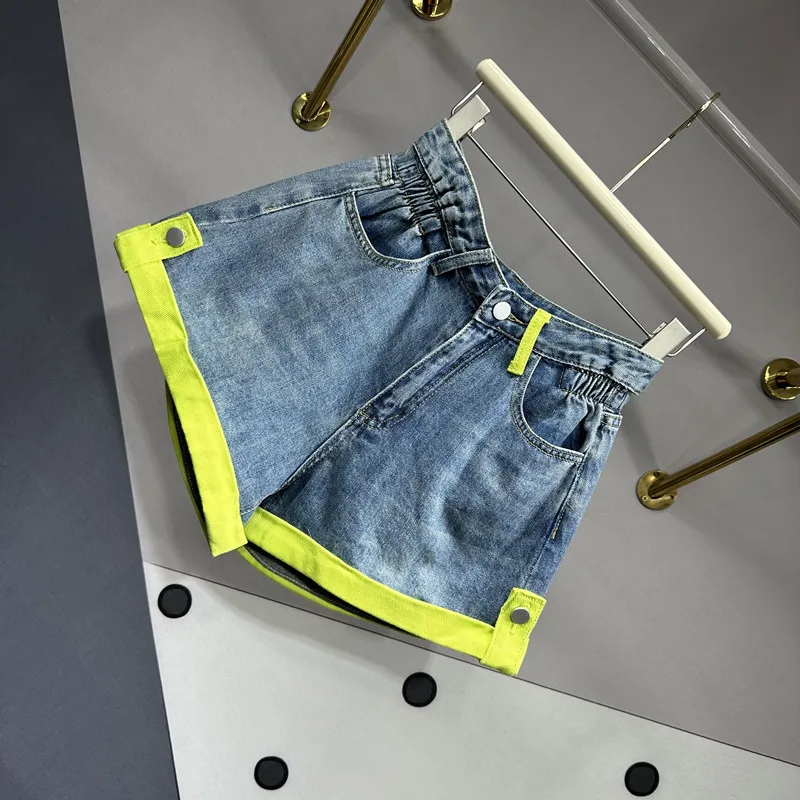 High Street Color Matching Curling A- Line Denim Shorts Women 2023 New Summer Short Pants Waist Slimming Blue Jeans Shorts Femme