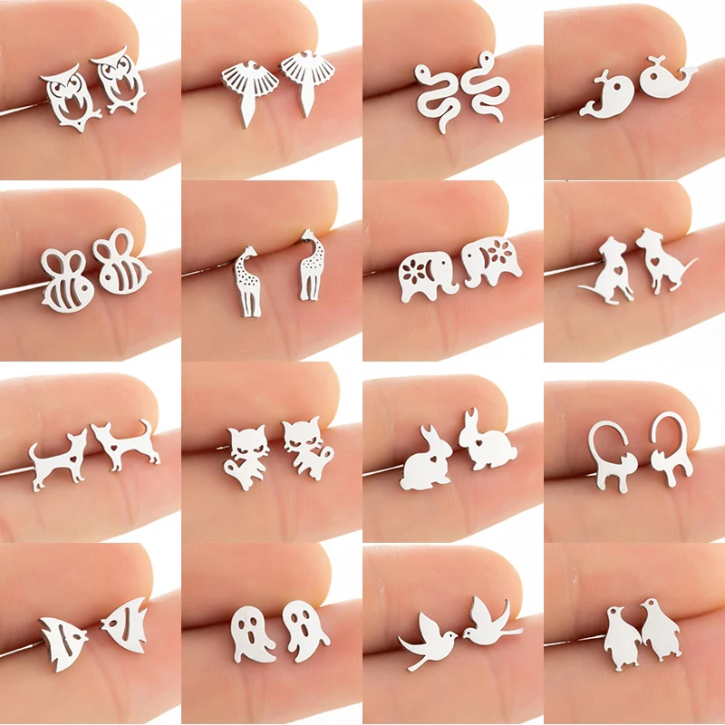 

Small Animal Earings Multiple Stainless Steel Stud Earrings for Women Rabbit Mouse Snake Cute Earing Cat Dog Studs Punk Gifts