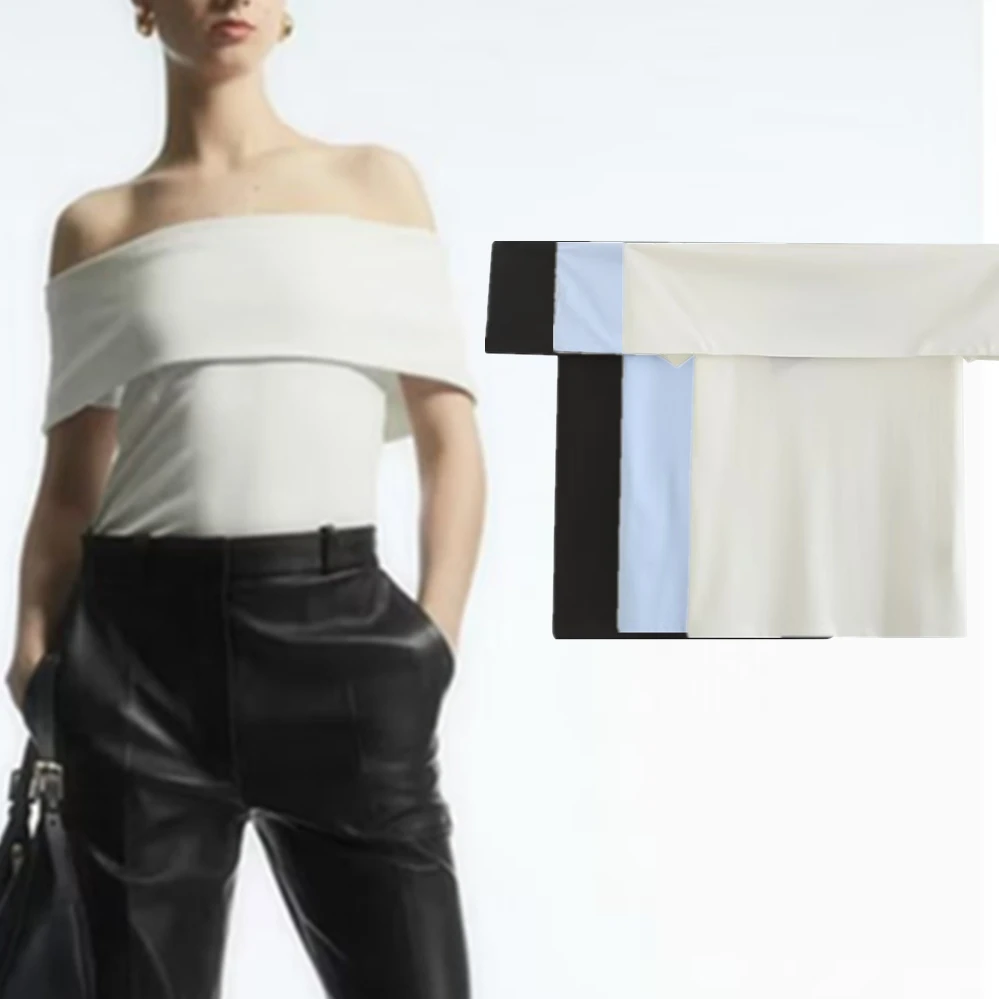 

Withered French Retro Ladies Off Shoulder Tube Top Fashion Knitted Summer Cropped T-shirt For Women