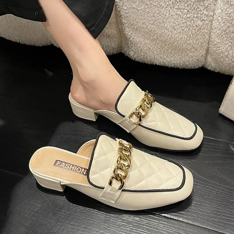 

2023 Women's Mules Summer Modern Slippers Soft Leather and Sole Heels Slides Fashion Square Toe Low Heel Half Slippers Loafers