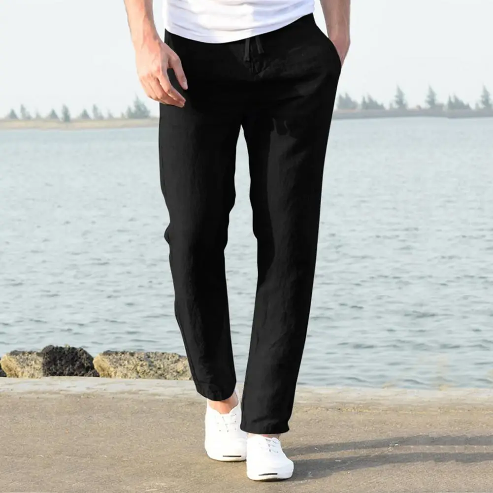 

Thin Men's Loose Novelty Wide Clothing Cotton Legs Band Vintage Linen Work Pants Pants Elastic Waist Trausers 2021 High Summer