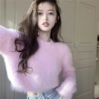 sweet faux mink hairy pullover sweater for women o neck long sleeve loose short sweater lady casual soft warm jumper