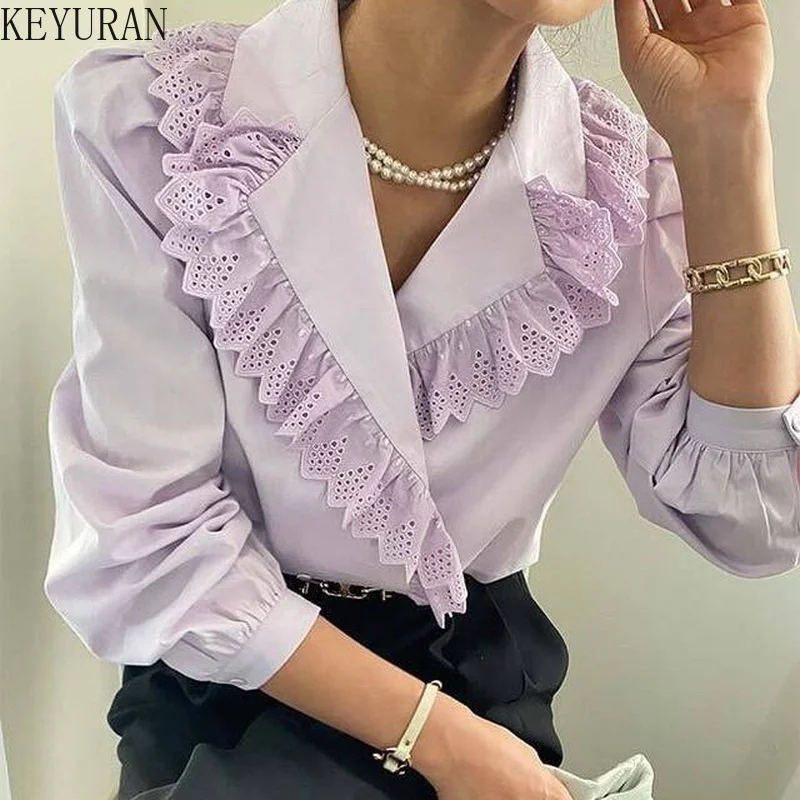 

Блузка женская кружевная в стиле пэчворк, с отложным воротником и длинным рукавом