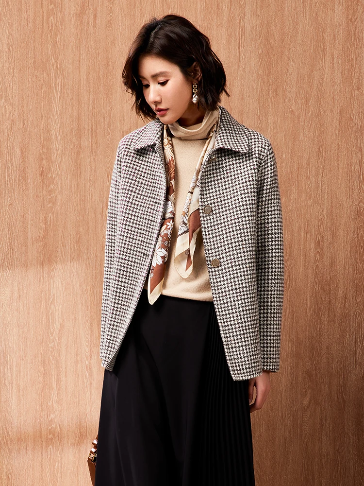 Темпераментная шерстяная верхняя одежда с узором гусиные лапки женская зимняя