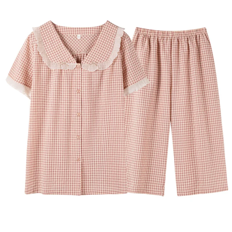 Pajamas for Women's Summer Thin Cotton Short-sleeved Cropped Pants Korean Style Home Service Suit Square Collar Casual Sleepwear