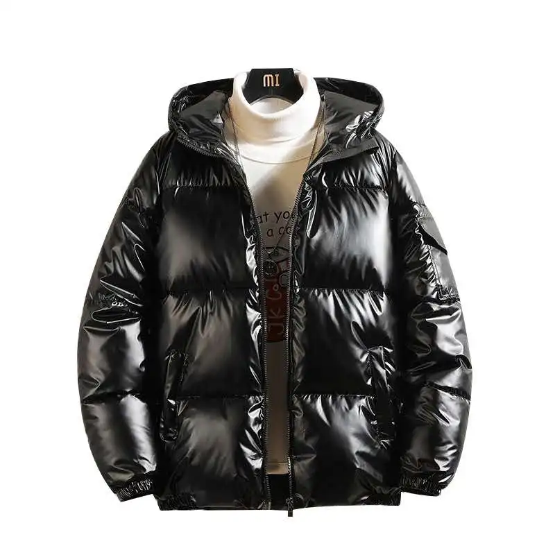 

Shiny Thick Padded Jacket Autumn Winter Fashion Trend Warmth Reflective Hooded Men's Solid Color Jacket Couple Plus Size Coat