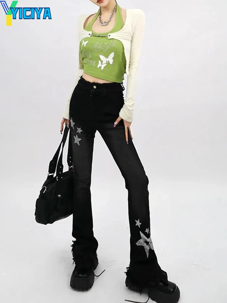YICIYA Long PANTS Black Jeans American Y2k Star Print Flare Pants Oversize Boot Cut Winter Vintage Jean Trousers Women Clothes